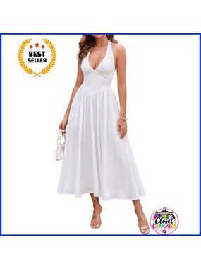 Halter Corset Midi Dress Gingham Backless Smocked Summer Wedding Guest